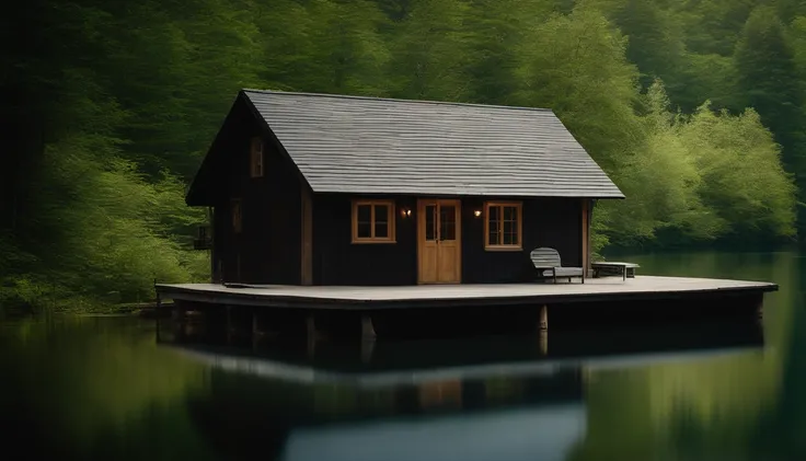 Imagine a tranquil lakeside cabin surrounded by a dense forest, with a wooden dock stretching out onto the calm water, reflecting the blue sky and lush greenery."