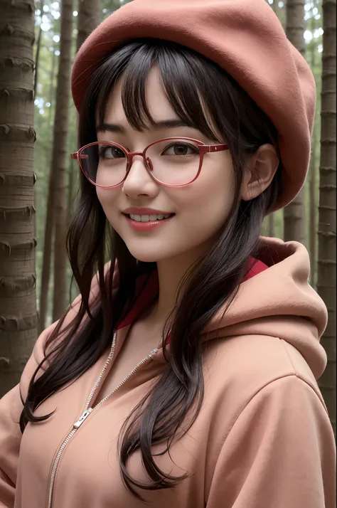 ((solo)), 1girl, japanese woman, blush, perfect illumination, short wavy black hair, brown eyes, sunlight, detailed face, bright skin, smile, red hoodie, beret, rimless glasses, close-up portrait, outdoors, forest