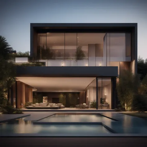 A meticulously designed luxury house with a minimalist approach. The 8k resolution showcases the high textures and intricate details of the architecture. The use of professional lighting elevates the overall ambiance, creating a visually striking and sophi...