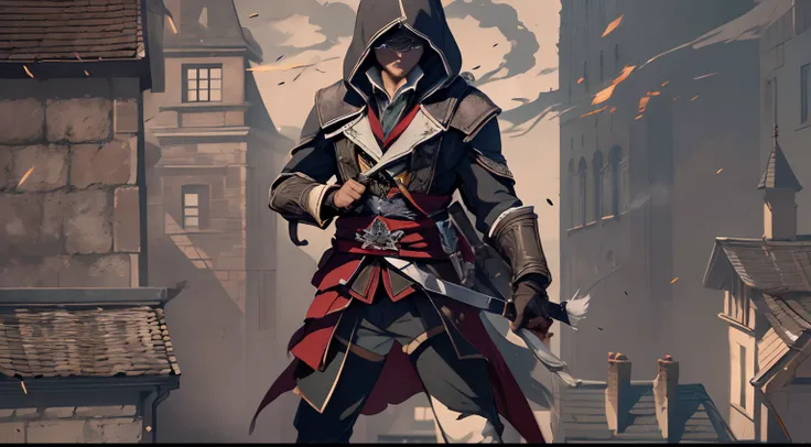 Body Standing, Assassins Creed, (Illustration style), On the roof of Franks house in the 1700s, Dark smoke, wall-paper, Intricate background, amazing background, action scene, (Like a movie action cover)