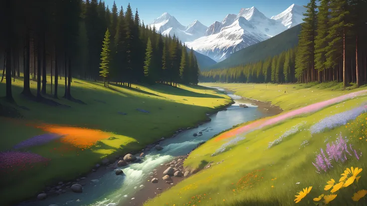 A hyperrealistic landscape with a winding river flowing through a meadow of wildflowers, a forest of towering trees, and snow-capped mountains in the distance 64 k quality