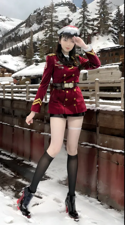 Woman in red uniform poses in the snow，Wear skis, thighhighs and skirt, Red Uniform, Wearing a red captains uniform, girl in uniform, perfect military composure, in a soldier uniform, russian and japanese mix, anya from spy x family, in full military garb,...