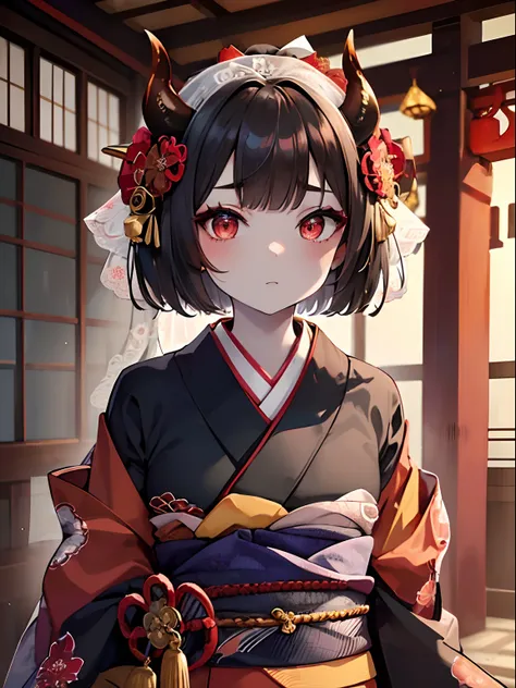 (masterpiece,best quality,ultra-detailed),1girl,short hair, Brown hair,(oni girl 👹,oni horns 👹),(((wedding kimono))),((furisode kimono)),(colored skin,pale red skin),beautiful and detailed face, detailed eyes ,(grey theme),