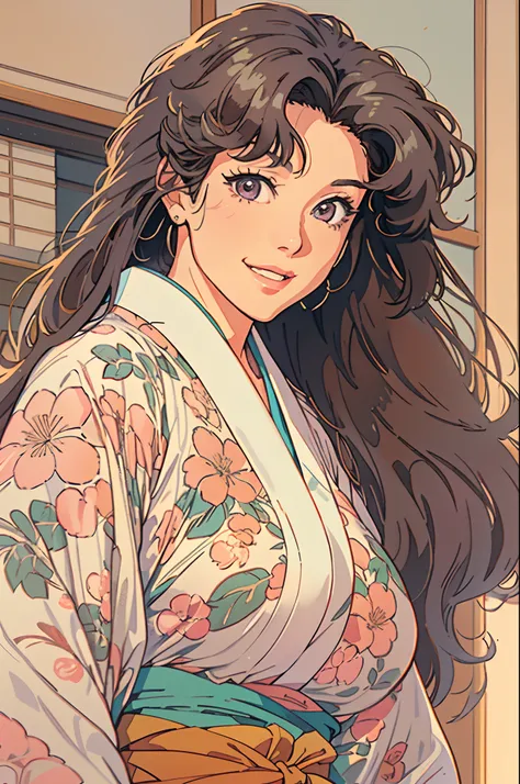 (1980s anime), Japanese woman in a silk floral kimono, not wearing a bra or underwear, medium breasts, long wavy hair, smiling, light blush on cheeks, (mature face:1.4), (shot from below:1.4), (inside a traditional Ryokan), extremely detailed face and eyes...