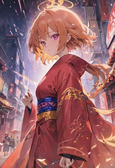 Anime art style. Mujer de cabello blanco y ojos Morados. Vestida con un kimono rojo. Sosteniendo una katana. parada frente a una tormenta. Aura de rayos. Ley visual