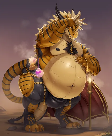 Bulge, black anthro dragon, gold accents, gold stripes, sweating, sweat, ((sweating belly)), grey belly, fat, growing belly, belly, ((big navel)), 3 toes, ((big belly)), ((deep navel)),