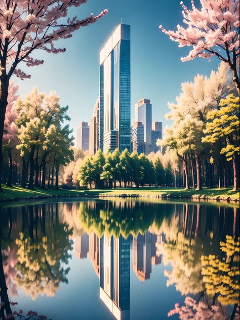 a mirror against a backdrop of City Parkduring Spring, reflective mirror,  cinematic, Forest palette