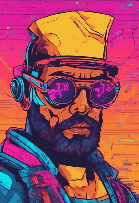 Artista homem, careca com barba grisalha e rala, de 45 anos, pele bronzeada - pintando na tela de um notebook futurista - moderno - estilo cyberpunk - tom azul escuro no contexto da imagem, e luzes laranjas e led vermelho ao fundo