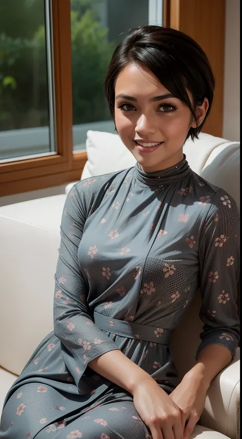 Malay girl, very short gray hair, pixie cut hair, wear baju kurung with small floral pattern, eating popcorn in living room, seat in a fabric couch, front above view, she look at the viewer, windy, detail skin, age spot, detail skin texture, mole below eye...