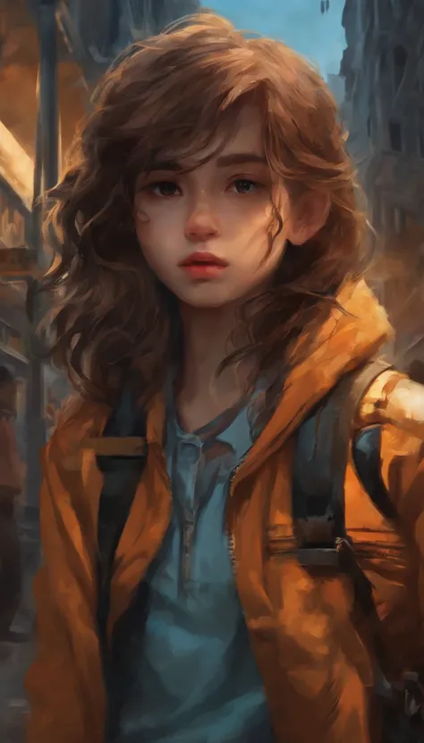 a girl beautiful detailed face, anime style, carrying a little monster on his shoulder,wandering on the streets of the city,illustration,detailed character design,dynamic pose,urban environment,mixed media artwork,colorful,gritty textures,highly detailed b...