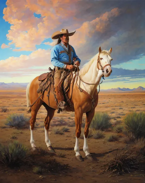 painting of a man riding a horse in a desert landscape, western art, western painting, cowboy, cowboy on the range, cowboy portrait, western comic art, western comic book art, george strait, jean giraud portrait, portrait of a cowboy, cowboy dream, cowboys...