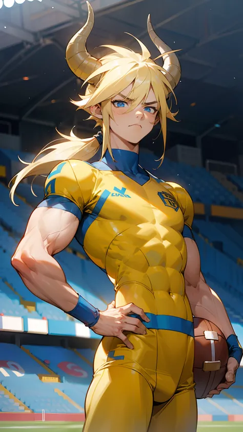 masterpiece, best quality,teen boy, blue eyes, yellow football outfit,long hair, blonde hair, horns,serious face,((small muscular, boy with muscles)),(standing in a football stadium),cowboy shot,close-up