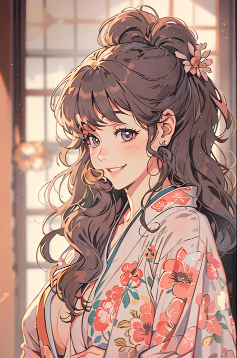 (1980s anime), Japanese woman in a silk floral kimono, not wearing a bra or underwear, medium breasts, long wavy hair, smiling, light blush on cheeks, (mature face:1.4), (shot from below:1.4), (inside a traditional Ryokan), extremely detailed face and eyes...