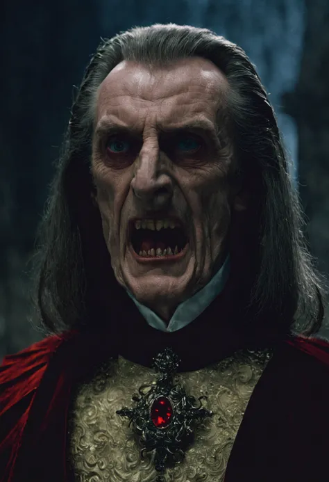 closeup cinematic still of (Bill Nighy) as dracula, creepy stare with long canine-teeth bared, (1500s) inside creepy castle, red, fire, standing glaring, perfect eyes, detailed face, foreboding, menacing, sinister, creepy, intense, (bram stokers dracula mo...