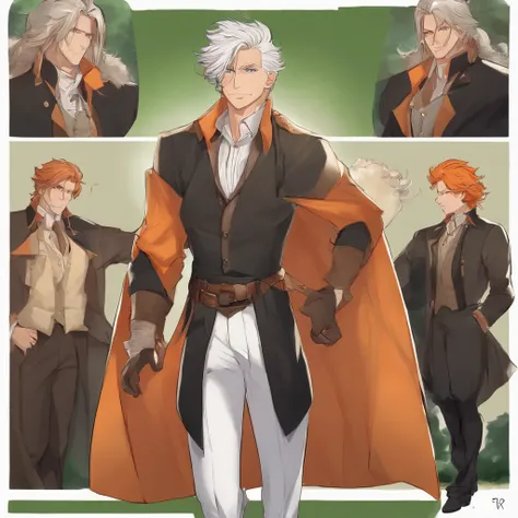 ((Highest quality, Masterpiece, 1 male, Handsome, Male, Adult male, Old guy, Broad shoulders, Tall height((Big hair)), looking at viewert ((Green eyes)), ((Orange hair, Hair tied), standing, nipple piercing, Old, Adult, Anime version, Black coat clothing, ...