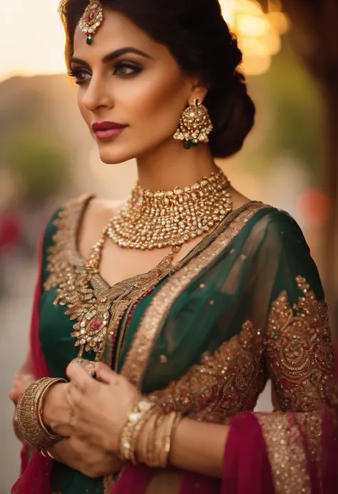 In traditional pakistani dresses, seductive pose, standing in street, wearing diamond necklace, hands on breast