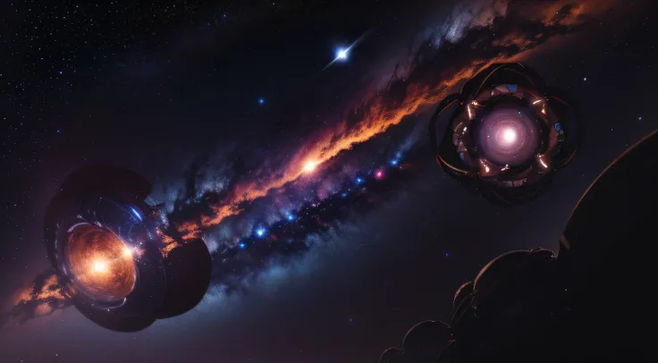 large massive strange objects in deep space, slowly rotating, illuminated from the side and bottom by the nearest star, distant star clusters in the background