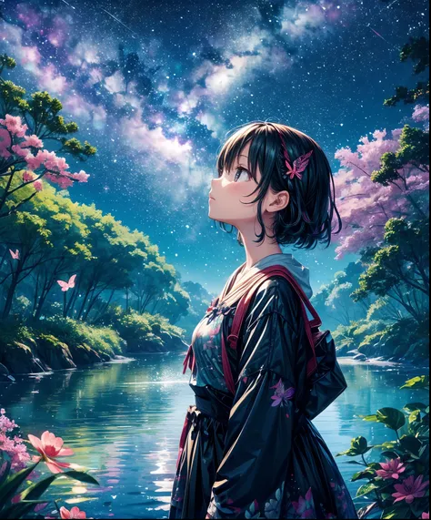 Cute girl characters、Describes a scene of leafy butterflies flying around on the water, Looking up at the starry sky. Surround her with colorful nebulae and colorful forests.