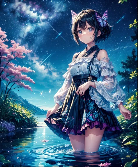 Cute girl characters、Describes a scene of leafy butterflies flying around on the water, Looking up at the starry sky. Surround her with colorful nebulae and colorful forests.