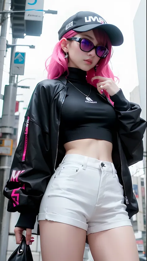 Beautiful woman medium hair, wearing cap, cyberpunk style short clothes