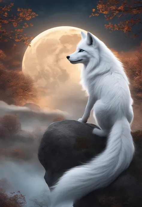 k hd，Mythical spirit beasts，Nine-tailed silver fox，Giant nine-tailed fox，White flull，Look at the moon