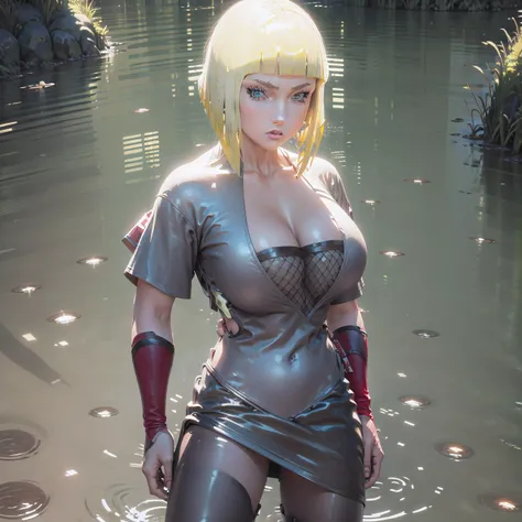 1girl, short blonde hair, wearing sexy grey ninja outfit, mini skirt outfit, wearing fishnet, village, absurdres, high res, ultrasharp, 8K, masterpiece, looking at viewer, nsfw, tall girl, huge breast, wearing kunai, cleveage, kunoichi, semi realistic, 3d,...