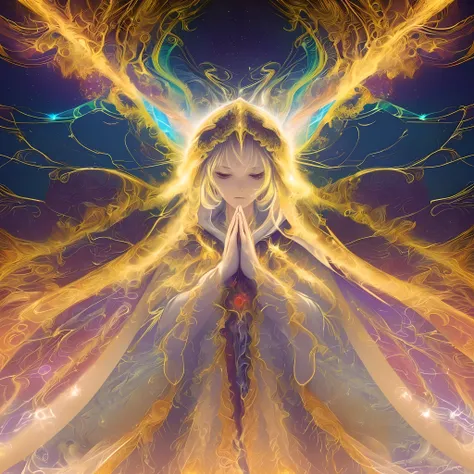 (masterpiece, top quality, best quality, official art, beautiful and aesthetic:1.2), (1girl), extreme detailed, (fractal art:1.3), colorful, highest detailed, perfect face, upper body, HDR, (praying:1.3), (white cloak golden lines:1.2), galaxy, (light stre...