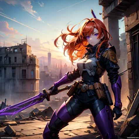 Masterpiece, top quality, ruined city  in the background, anime girl in uniform holding a spear ,  4K  wallpaper, badass anime 8K,Orange hair, purple eyes