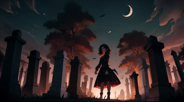 Young scary Halloween vampire girl in a graveyard in the middle of the night under a crescent moon . muscle