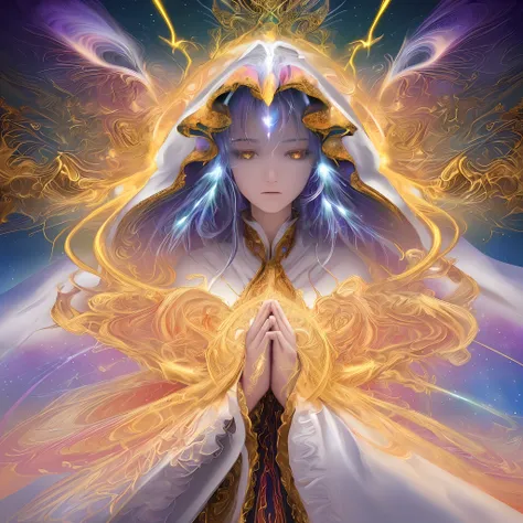 (masterpiece, top quality, best quality, official art, beautiful and aesthetic:1.2), (1girl), extreme detailed, (fractal art:1.3), colorful, highest detailed, perfect face, upper body, HDR, (praying:1.3), (white cloak golden lines:1.2), galaxy, (light stre...