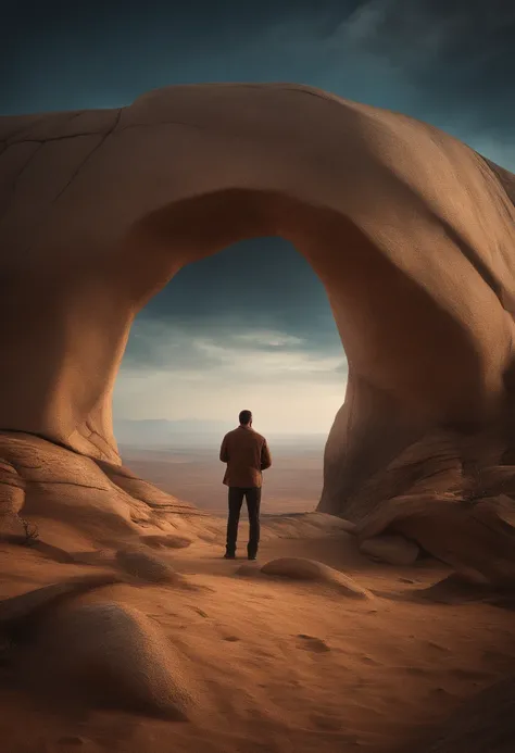 A fantasy world with a magical portal, Everything is magical, The environment has a magical touch, Man kneeling in front of dry, barren landRealistic photo, detalhes altos, melhor qualidade, 4k, homem mais de perto e mostrar mais a terra seca