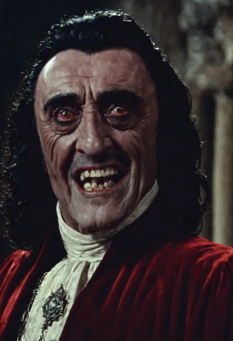 closeup cinematic still of (Ian McShane) as dracula, creepy grin with (long canine-teeth bared), (1500s) inside creepy castle, red, fire, standing glaring, perfect eyes, detailed face, foreboding, menacing, sinister, creepy, intense, (bram stokers dracula ...