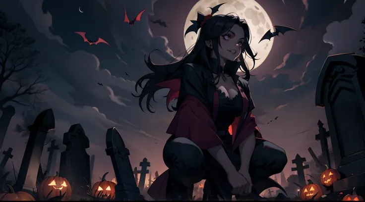 Young scary Halloween vampire girl in a graveyard in the middle of the night under a crescent moon . muscle