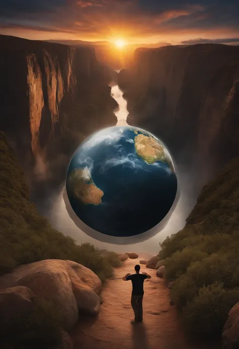 Um mundo de fantasia, Everything is magical, The environment has a magical touch, Man kneeling in front of the earth with cracks, foto realista, detalhes altos, melhor qualidade, 4k. mostrar homem de frente e mais de perto ajoelhado, mostrar terracom basta...