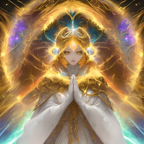 (masterpiece, top quality, best quality, official art, beautiful and aesthetic:1.2), (1girl), extreme detailed, (fractal art:1.3), colorful, highest detailed, perfect face, upper body, HDR, (praying:1.3), (white cloak golden lines:1.2), galaxy, (light stre...