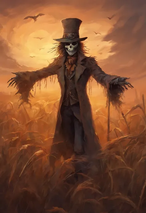 Spooky male scarecrow, made of straw, wearing an old spooky top hat. Arms raised.