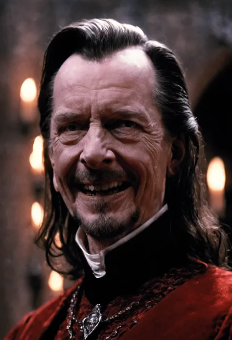 closeup cinematic still of (Gary Oldman) as dracula, creepy grin with (fangs bared), (1500s) inside creepy castle, red, fire, standing glaring, (night), perfect eyes, detailed face, foreboding, menacing, sinister, creepy, intense, (bram stokers dracula mov...