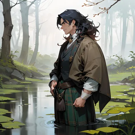 A handsome adult man with a strong masculine face, wearing traditional scottish garb including a kilt, standing (next to a river) in a misty scottish forest, (long watery wild hair, water weeds in hair)