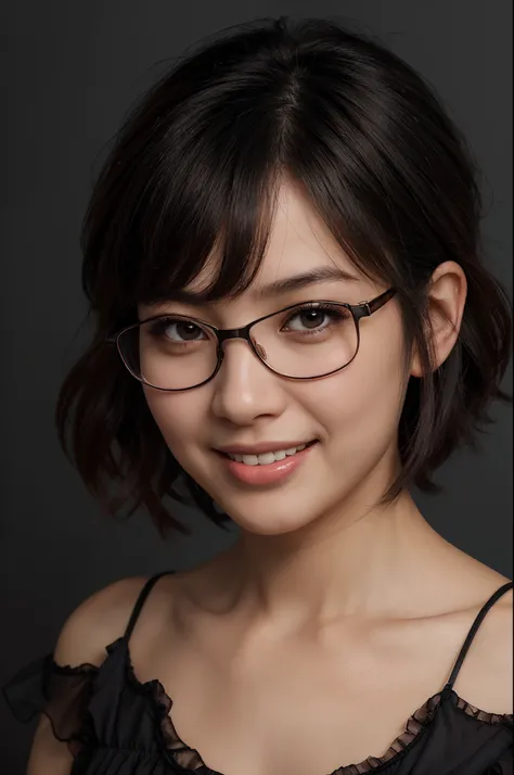 ((solo)), 1girl, japanese woman, blush, perfect illumination, short black hair, brown eyes, sidelighting, detailed face, bangs, bright skin, big smile, rimless glasses, black frilly off-shoulder sundress, simple dark background, close-up portrait