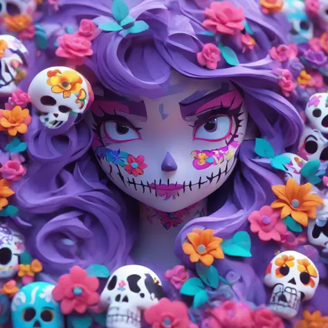 3d model of a girl with a sugar skull head, in the style of inventive character designs, close-up intensity, animated gifs, made of flowers, mexican muralism, playstation 5 screenshot, dark violet and white --ar 69:128 --s 750 --v 5.2