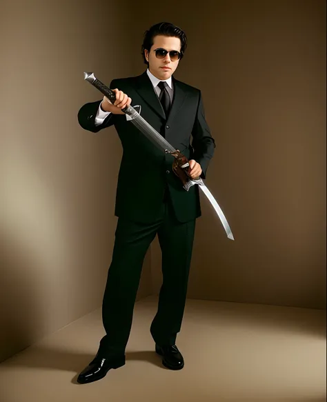 crafted man in a suit holding a sword and a sword, posing with a sword, with a large sword, holding a katana, holding a saber, holding a black katana, professional portrait photo, holding a spectacular broadsword, holds a black sword, full body portrait sh...