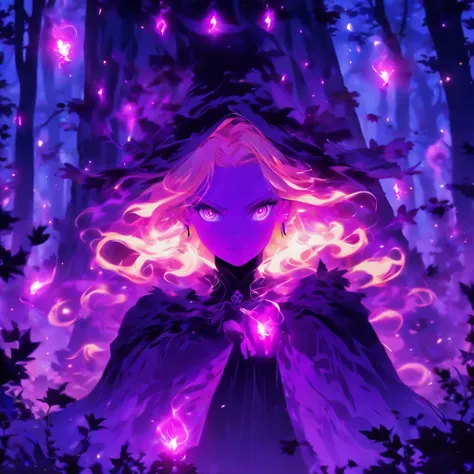 female with glowing purple eyes, blonde hair, witch, goddess, casting glowing spells, in mystical fantasy woods