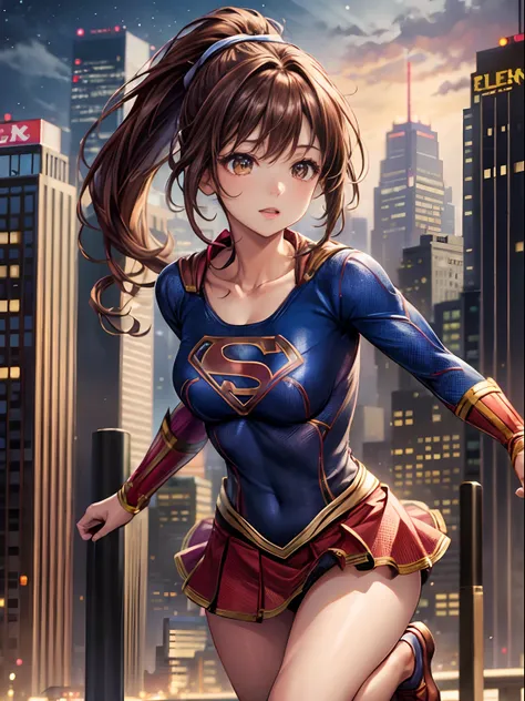 top-quality、Full limbs、complete fingers、one beautiful women、Beautiful Large Breasts、((Neck-length ponytail))、Brown hair、((Supergirl Costumes))、night skyscraper、Running