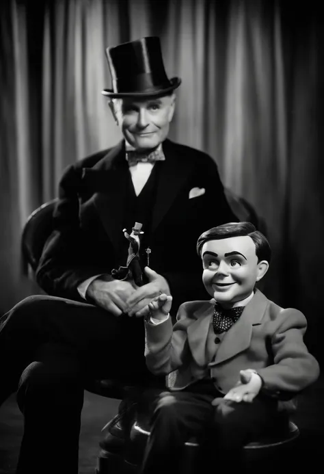 Portrait of Charlie Mccarthy sitting in the chair with the Ventriloquist on his lap