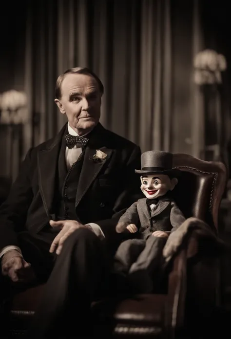 Portrait of Charlie Mccarthy sitting in the chair with the Ventriloquist on his lap