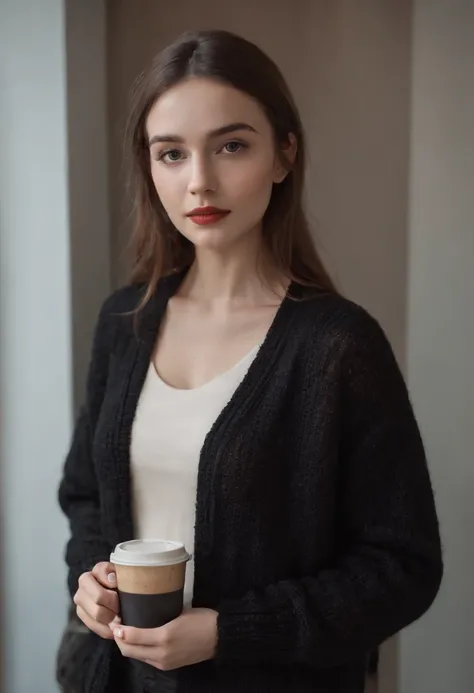 Indoors,  A 25-year-old woman holds a coffee cup, Cropped black knitted cardigan, arm:1, Narrow crimson skirt，Black check pattern, Black knee-length, Stand next to the office window