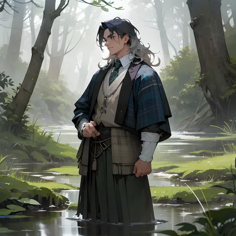 A handsome adult man with a strong masculine face, wearing traditional scottish garb including a kilt, in a misty scottish forest, standing in front of a river, (long watery wild hair, water weeds in hair), silver chain around his neck