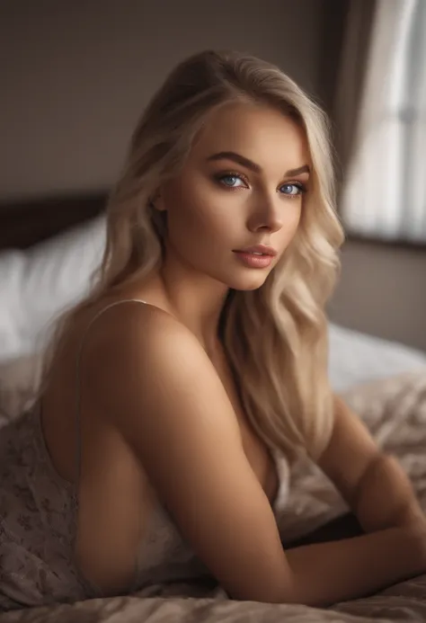 arafed woman fully , sexy girl with blue eyes, ultra realistic, meticulously detailed, portrait sophie mudd, blonde hair and large eyes, selfie of a young woman, bedroom eyes, violet myers, without makeup, natural makeup, looking directly at the camera, fa...