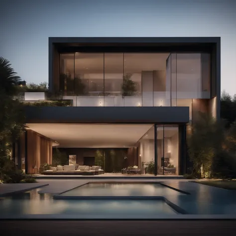 A meticulously designed luxury house with a minimalist approach. The 8k resolution showcases the high textures and intricate details of the architecture. The use of professional lighting elevates the overall ambiance, creating a visually striking and sophi...