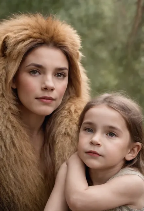 a lion and a 6-year-old girl, 6-year-old girl near lion, girl looking at camera, Cinematic and realistic image with a very detailed environment